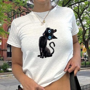 Vintage Black Cat Baby Tee: Y2K Witchcore Graphic Shirt