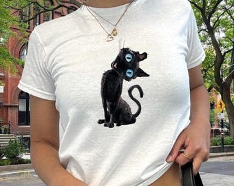 Vintage Black Cat Baby Tee: Y2K Witchcore Graphic Shirt