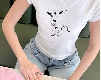Cursed Baby Goat Graphic Tee, Soft Goth Farmcore Top