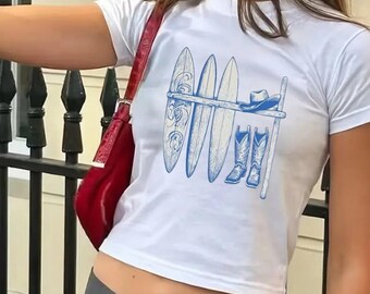 Camiseta de vaquero para bebé con tabla de surf: Top gráfico estilo western Y2K