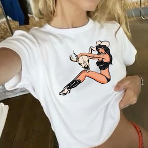 Cowgirl Babe Graphic Baby Tee, Western Rodeo Aesthetic T-Shirt, Vintage Pin-Up Country Girl Shirt