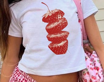 Slashed Strawberry Baby Tee: Y2K Grunge Crop Top