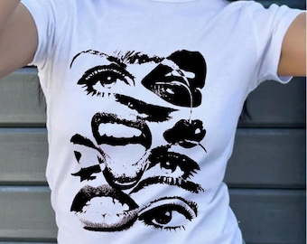 Grunge Y2K Baby Tee: Edgy Eyes & Lips Collage Print
