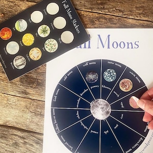 May include: A set of full moon stickers and a full moon calendar wheel. The stickers feature various moon phases and are placed on a dark background. The calendar wheel is dark blue with moon phase illustrations.