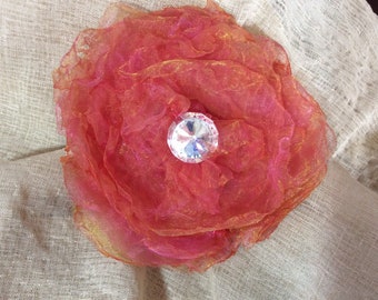 Flower lapel pin, rhinestone brooch, salmon pink, organza peony, Mothers Day, teacher gift, stocking stuffer, thank you