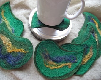 Green Felt Coasters Set with Holder: Reversible Absorbent Coasters
