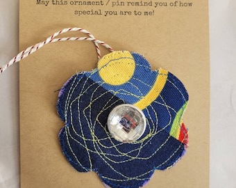 Navy Blue Flower Pin: Fabric Button Brooch, Scarf Clip