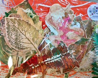 Paper Leaf prints, monoprint leaves, collage supplies, paper hosta, oak leaf autumn decoration, gift for crafter, die cut fern