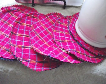Red Plaid Coasters with Metal Holder: Country Christmas Mug Rugs