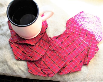 Red Plaid Coasters with Metal Tin Holder: Country Mug Rugs, Set of 6
