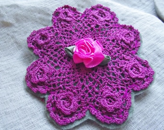 Womens Lapel Pin, Plum Flower Brooch, Pink scarf clip, crocheted flower, large hat pin, raspberry pink, teacher gift, stocking stuffer