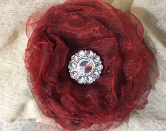 Wine Flower lapel pin, Rhinestone brooch, burgundy organza fabric MOTB corsage, Mothers Day, stocking stuffer, gift for Grandma,  thank you