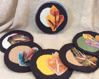 Felt Leaf Drink Coasters with Holder: Autumn Table Decor, Set of 6