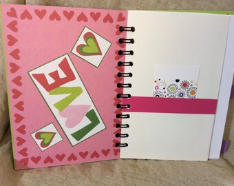 Pink heart love journal, purple notebook, teen girls blank book, spiral tablet, gift for teacher, stocking stuffer, Valentines Day gift