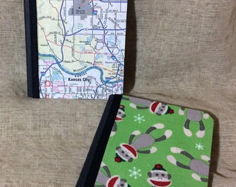 Map Notebook, mini journal set, holiday jotter, sock monkey, pocket notebook, Kansas city, wedding favor, travel journal, stocking stuffer