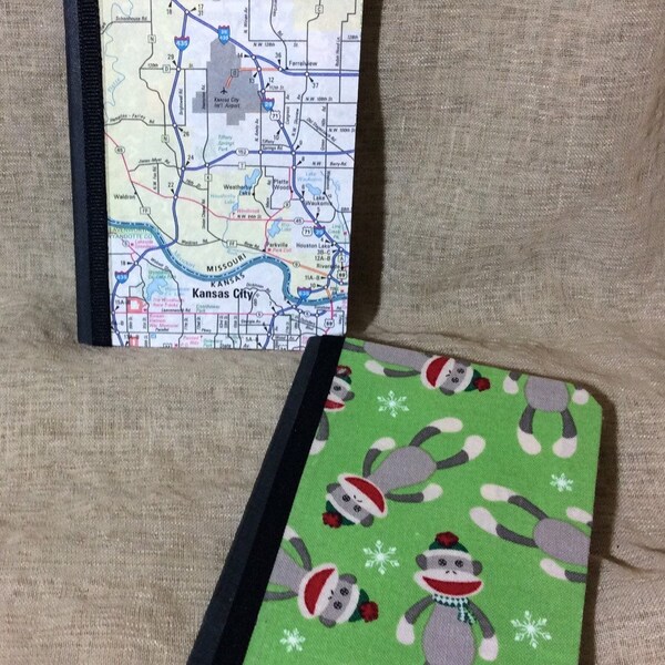 Map Notebook, mini journal set, holiday jotter, sock monkey, pocket notebook, Kansas city, wedding favor, travel journal, stocking stuffer