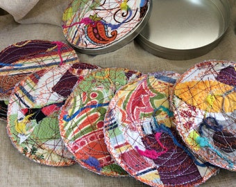 Shabby Chic Fabric Coasters with Holder: Reversible Mug Rug Set