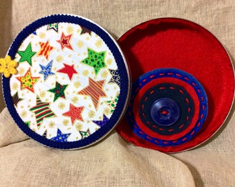 flower lapel pin, round felt brooch, metal trinket box, travel jewelry case, CD tin, teacher thank you, gift card holder, colorful stars