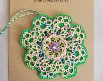 Flower lapel pin, crocheted brooch, green and purple, gift for grandma, Mothers day, stocking stuffer, teacher gift, thank you