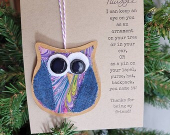 Owl backpack Pin, Christmas ornament, package topper, teen girls, teacher stocking stuffer, back to school gift, scarf clip, secret santa