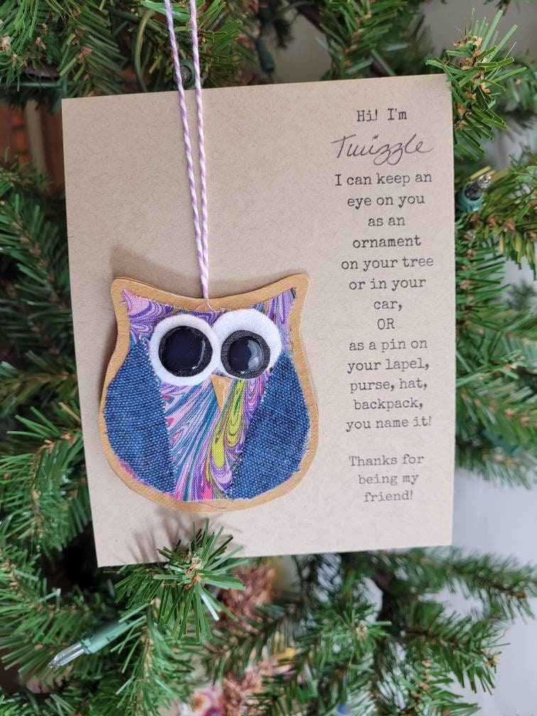 Handmade Owl Pin: Fabric Christmas Ornament, Package Topper