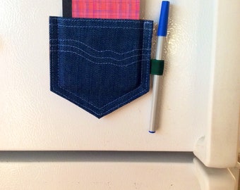 Denim pocket Magnet notepad with holder, pink refrigerator magnet, gift set for friend, stocking stuffer, Mini notebook set, bff gift