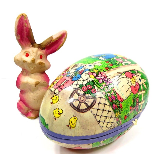 Vintage Paper Mache Bunny Rabbit PLUS Easter Egg Candy Holder Spring Home Decor