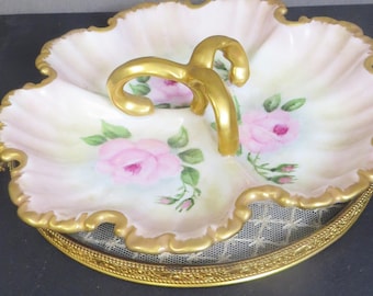 Vintage Hand Painted Floral Relish Dish 3-Part Divided Porcelain Gold Trim