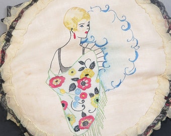 Vintage Art Deco Flapper Woman Pillow Hand Embroidery Lace Boudoir Bedroom