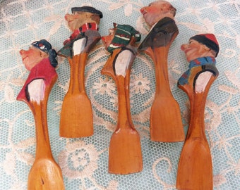 Vintage ANRI Carved Wooden Miniature Salt Condiment Spoons Set of 5 Profile Heads of 4 Men 1 Woman Italy