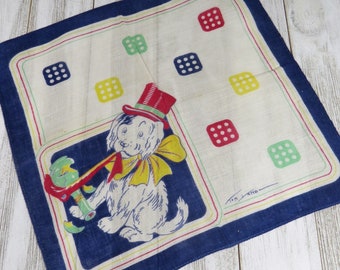 Vintage Child's Hankie Handkerchief Dog in Top Hat Tom Lamb Designer Signed