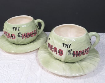 Vintage Head of the House Coffee Cups & Saucers, Cleminson's, CHOICE Mom or Dad, Whimsical Cabbage