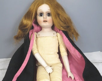 Vintage Seto Fukaya Googly Eye Bisque & Fabric Doll Hooded Cape Reproduction REAL Hair