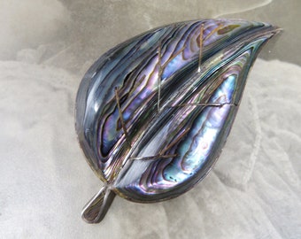 Vintage Sterling Silver & Inlaid Abalone Leaf Brooch Pin Mexican .925