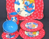 Ohio Art Toy Tea Set, Bluebirds, 7 Piece Set, Vintage, Tin Litho