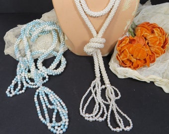 Vintage Faux Pearl Necklace with Tassel, Belt, Lariat, Adjustable Style, CHOICE, White OR Blue & White