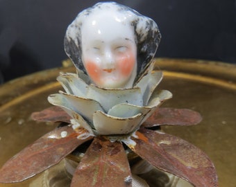 Vintage China Head Doll on Metal Flower Base Altered Art Art Assemblage OOAK