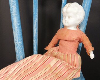 Vintage Lowbrow China Doll, Germany, 8 inches, Cloth Body, Victorian