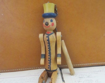 Vintage Folk Art Jig Man, Wooden Dancing Jointed Limberjack Doll Top Hat