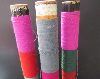 Vintage Wooden Bobbin Thread Spools Industrial Set of 3 Colorful Thread Home Deco