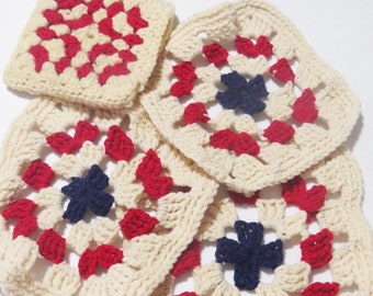 Vintage Crochet Potholders, Hot Pads, Set of 4, Red, White, Blue, 4th of July, Patriotic