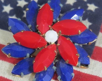 Vintage Floral Glass Bead Brooch Pin Prong Set Germany Gift for Her Patriotic