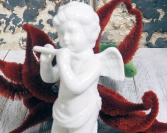 Vintage Fitz & Floyd Angel Cherub with Flute Figurine White Porcelain Discontinued