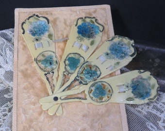 Vintage Celluloid Fan & Velvet Flowers on Velvet Postcard Blank on Back RARE