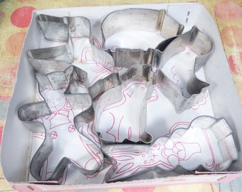 Vintage Animal Cookie Cutters, Wilton, Aluminum, Easter Bunny, Dog, Horse, Bear, Chickie, Pig