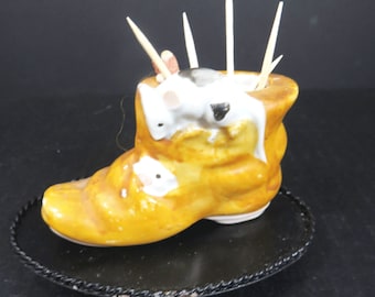 Vintage Ceramic Toothpick Match Holder Mice Playing on Shoe Novelty