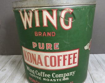 Vintage Wing Brand Kona Coffee Can Tin 5 lbs. Advertising Storage Farmhouse Decor