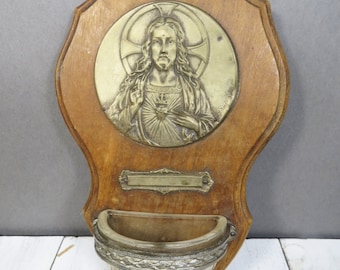 Vintage French Sacred Heart Jesus Wall Hanging Plaque Wood Brass Glass Catholic Religious