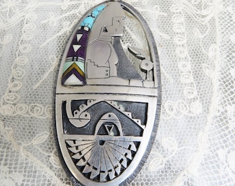 Vintage Tim Yazee Sterling Silver Pendant Necklace Multi-Stone Design Cutwork Unique Navaho Artist