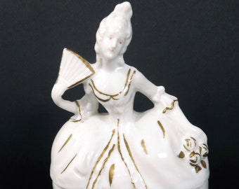 Vintage Porcelain Woman Dresser Powder Box Jar, Lidded, Madame Pompadour Lady